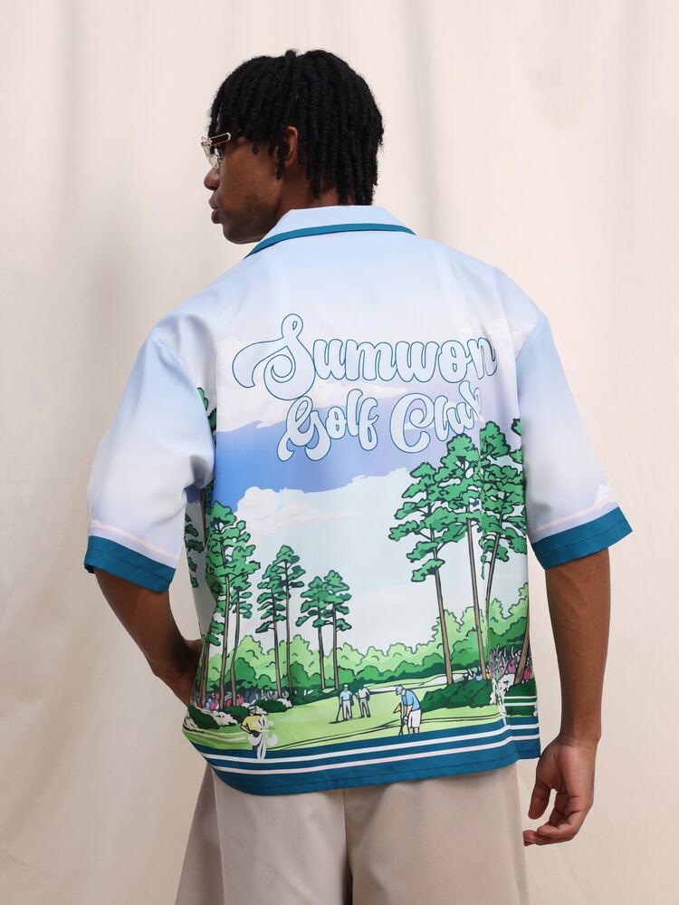 남성용 릴렉스 핏 리비어 칼라 골프 코스 프린트 리조트 버튼 업 반팔 여름 휴가 셔츠