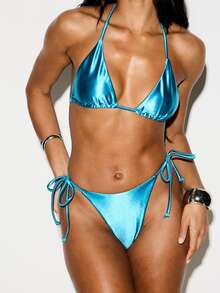 High Shine Metallic Triangle Bikini Set With Halter Top And Tie Side Bottom For Summer Beach Vacation - Blue - View 1