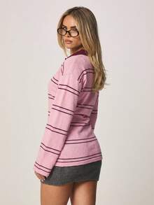 MISSGUIDED Cinched Striped Rugby Sweater With Collar Long Sleeve Relaxed Fit Pullover For Fall Winter - Pink - View 2