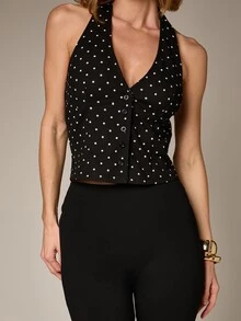 AiiRZ Áo tank top không tay cổ yếm cài cúc phía trước màu đen chấm bi dành cho nữ, phối họa tiết chấm bi trắng, thích hợp cho mùa hè. - Đen và trắng - Xem 4