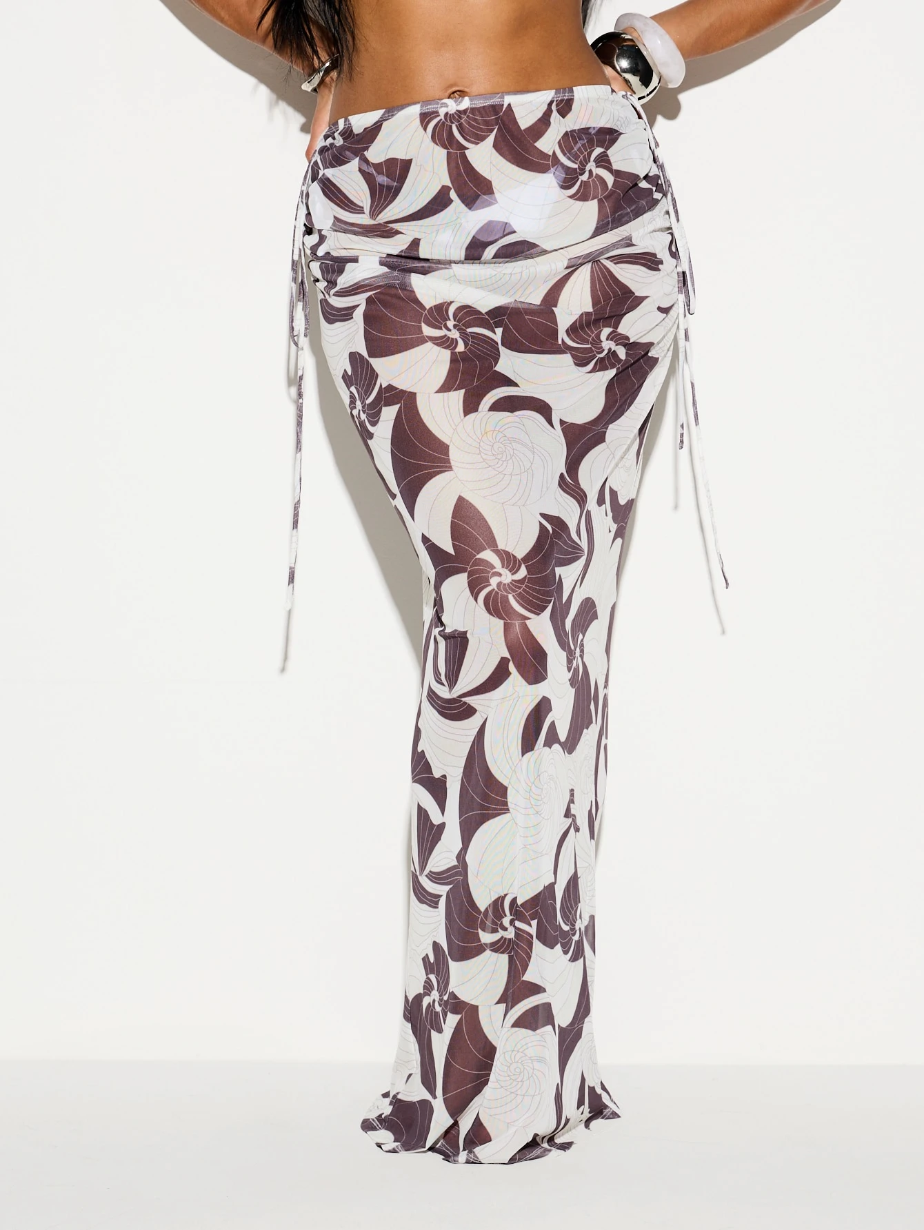 KIZN Floral Print Mesh Maxi Skirt With Side Ties