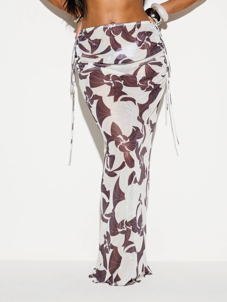 KIZN Women's Floral Print Mesh Maxi Skirt With Side Tie Details And High Rise Waistband For Beach Vacation