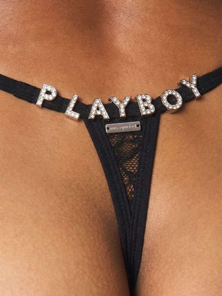 Missguided x Playboy Culotte string en dentelle avec ornement de lettre en diamant, lingerie intime de luxe pour femmes, sous-vêtements sexy
