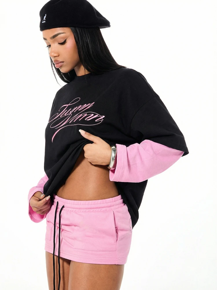 SUMWON WOMEN Oversized Contrast Faux Layer Long Sleeve Graphic Tee With Pink Sleeves Statement Script Print Casual Streetwear Top