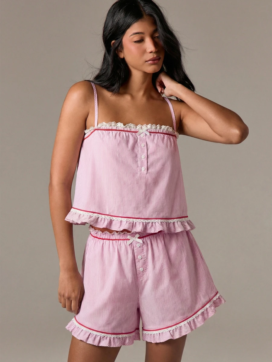 AiiRZ Relaxed Trapeze Pajama Cami Top With Lace Trim Stripe Pattern And Ruffle Hem Button Front Sleepwear - Pink - View 1