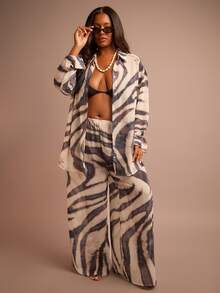 FASHION SZN Plus Size Animal Print Chiffon Beach Cover Up Wide Leg Loose Fit Summer Holiday Vacation Outfit Beach Club Sexy Elegant Casual Comfy Occasion Hen Do Bachelorette Swim Matching Beachwear Outfit Plus Size Beach Wear Curve Holiday Outfits For Women - Multicolor - View 5