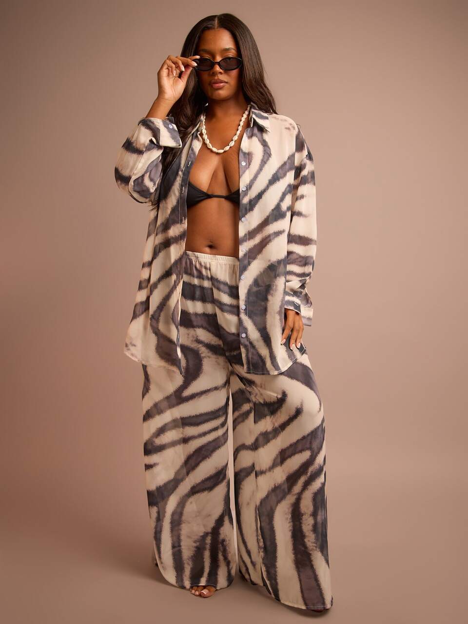Plus Size Animal Print Chiffon Beach Cover Up Wide Leg Loose Fit Summer Holiday Vacation Outfit Beach Club Sexy Elegant Casual Comfy Occasion Hen Do Bachelorette Swim Matching Beachwear Outfit Plus Size Beach Wear Curve Holiday Outfits For Women