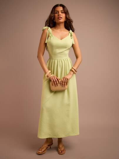 FASHION SZN Womens Strappy Tie Shoulder Square Neck Linen Feel Midi Dress Cute Elegant Chic Summer Holiday Dress Long Dress Formal Sun Dress Travel Boho