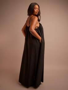 FASHION SZN Plus Size Strappy Loose Fit Oversized Trapeze Column Linen Look Maxi Dress Loose Fit Casual Plus Size Summer Holiday Vacation Outfit Cool Comfortable Boho Festival Ibiza Travel Sun Dress Elegant Chic Classy Beach Club - Black - View 2