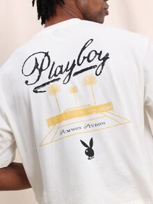 PLAYBOY X SUMWON Men's Cropped Graphic T-Shirt With Tennis Racket Print And Palm Tree Design Short Sleeve Summer Tee - White - View 6