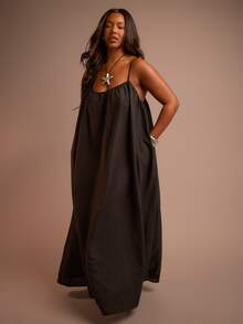 FASHION SZN Plus Size Strappy Loose Fit Oversized Trapeze Column Linen Look Maxi Dress Loose Fit Casual Plus Size Summer Holiday Vacation Outfit Cool Comfortable Boho Festival Ibiza Travel Sun Dress Elegant Chic Classy Beach Club - Black - View 6