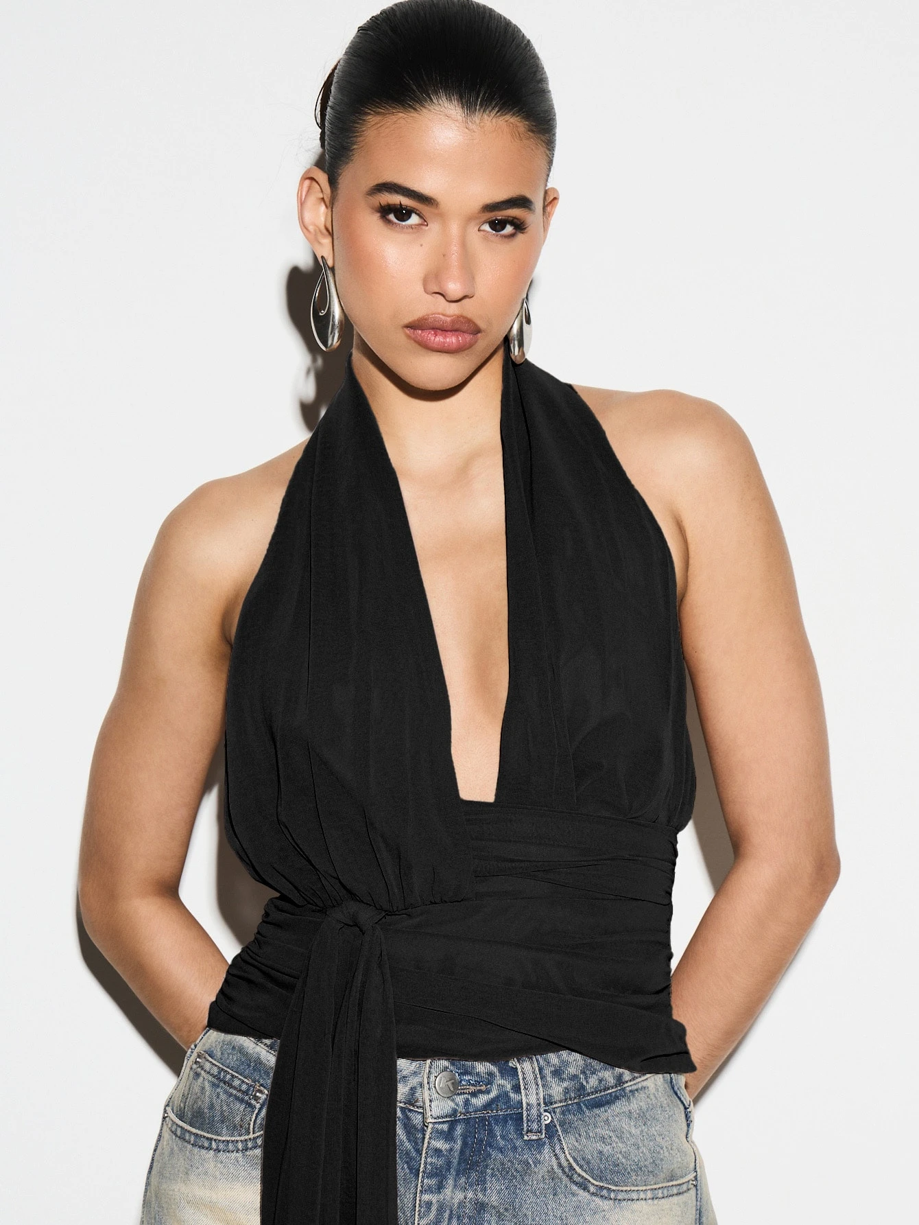 KIZN Halter Wrap Front Top With Tie Detail