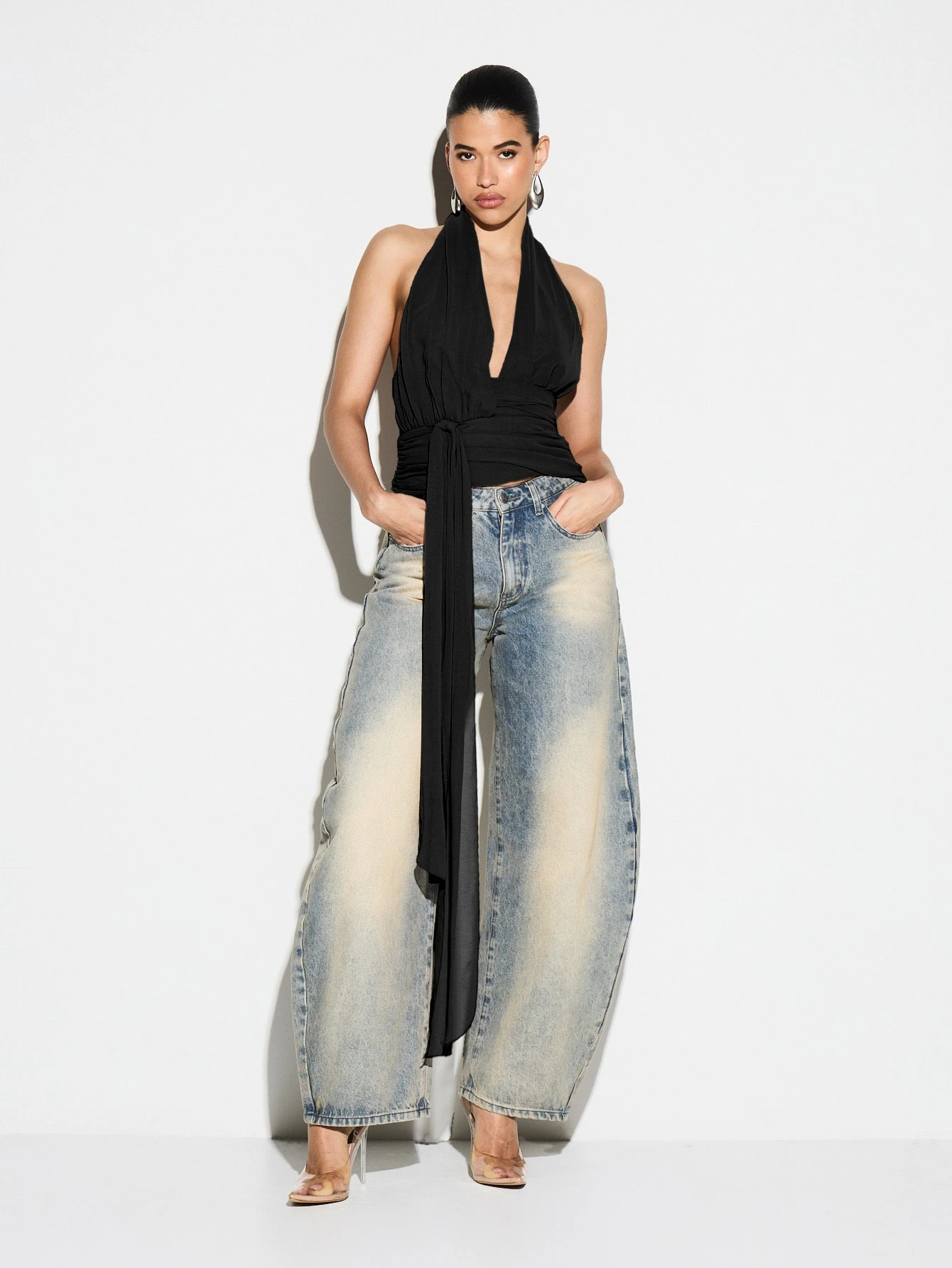 KIZN Halter Wrap Front Top With Tie Detail