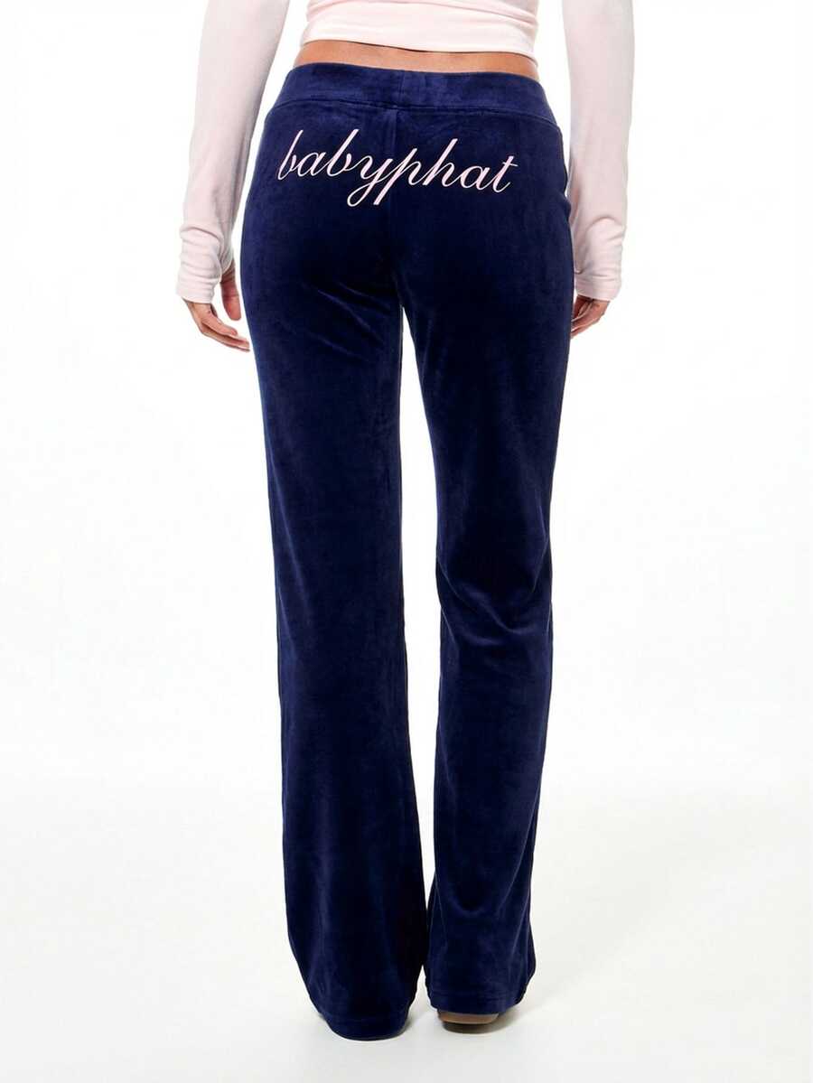 BABYPHAT 女士丝绒喇叭裤，印有品牌标志，舒适阔腿裤 - 藏蓝色 - 查看 1