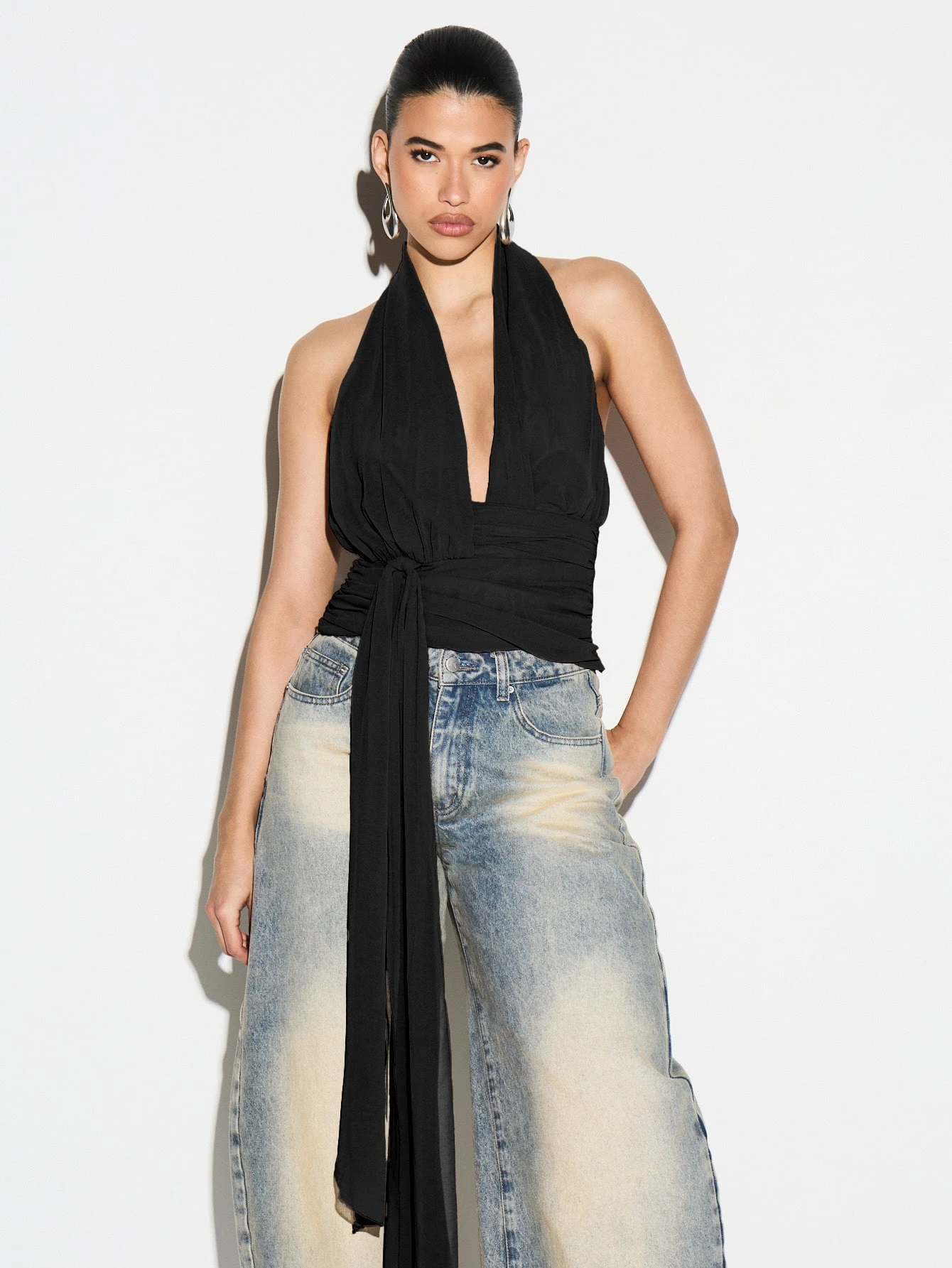 KIZN Halter Wrap Front Top With Tie Detail