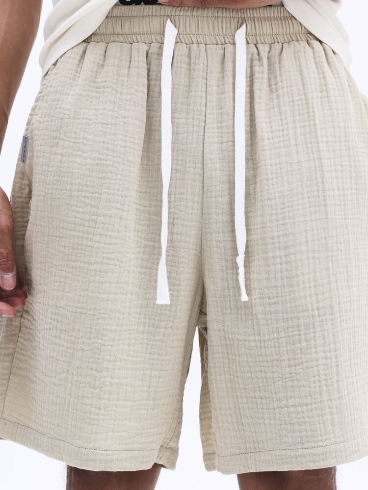 Men's Casual Drawstring Shorts Elastic Waistband Summer Cotton Blend Textured Fabric Regular Fit Mid Thigh Length Everyday Comfortable Wear, Shorts For Men Casual, Mens Shorts With Pockets, Beige Shorts For Men