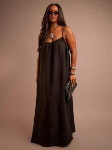 FASHION SZN Plus Size Strappy Loose Fit Oversized Trapeze Column Linen Look Maxi Dress Loose Fit Casual Plus Size Summer Holiday Vacation Outfit Cool Comfortable Boho Festival Ibiza Travel Sun Dress Elegant Chic Classy Beach Club - Black - View 1