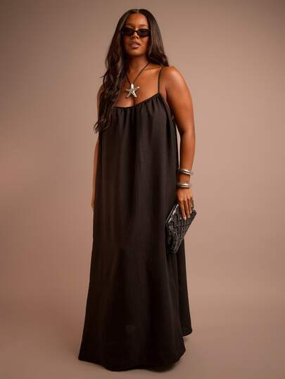 FASHION SZN Plus Size Strappy Loose Fit Oversized Trapeze Column Linen Look Maxi Dress Loose Fit Casual Plus Size Summer Holiday Vacation Outfit Cool Comfortable Boho Festival Ibiza Travel Sun Dress Elegant Chic Classy Beach Club