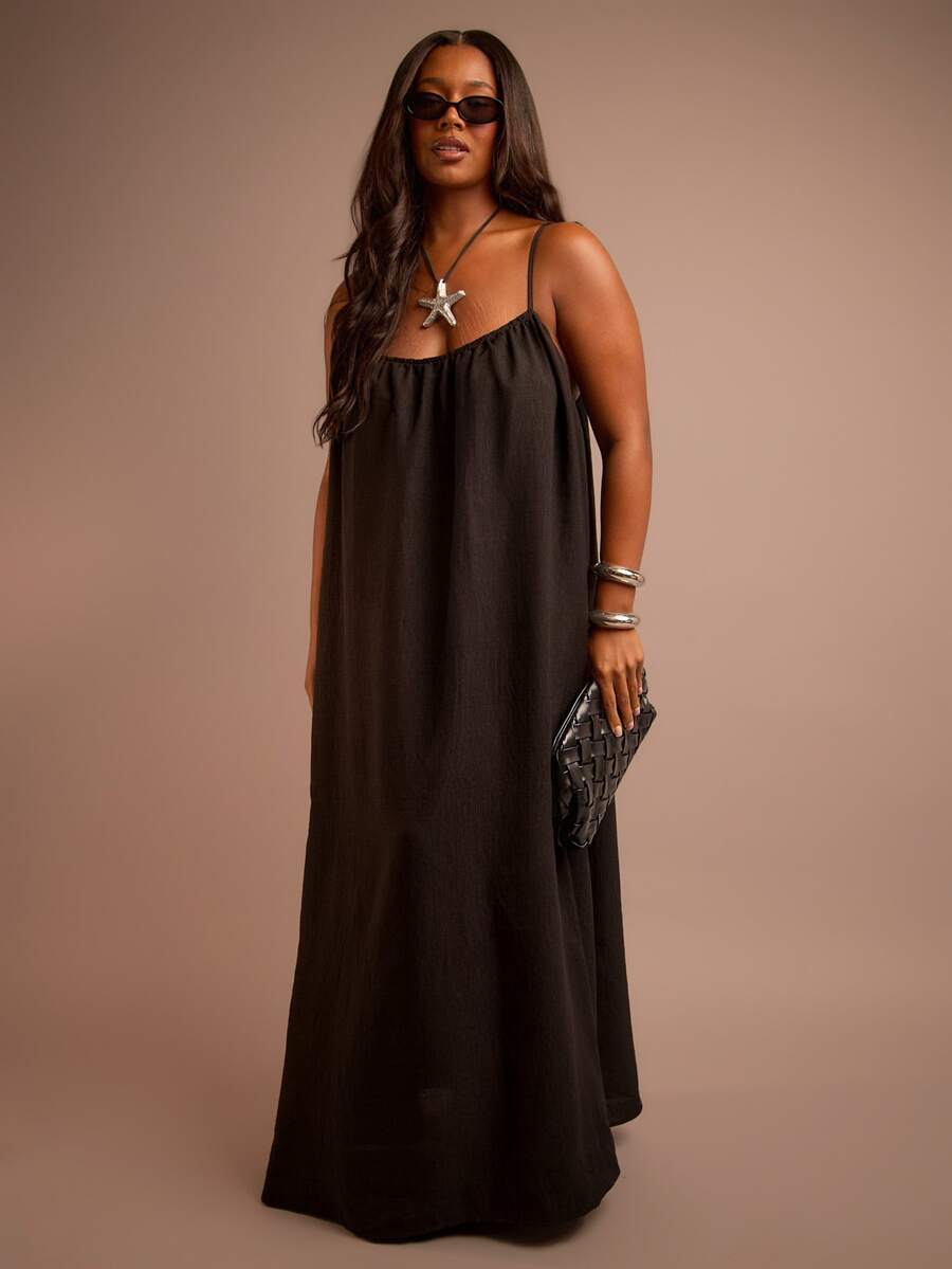 FASHION SZN Plus Size Strappy Loose Fit Oversized Trapeze Column Linen Look Maxi Dress Loose Fit Casual Plus Size Summer Holiday Vacation Outfit Cool Comfortable Boho Festival Ibiza Travel Sun Dress Elegant Chic Classy Beach Club - Black - View 1