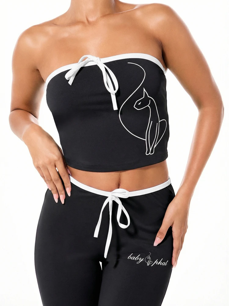 BABYPHAT Women's Black Bandeau Jersey Top With White Contrast Trim And Tie Detail Strapless Tube Crop Summer Festival Party