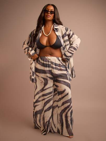 FASHION SZN Plus Size Animal Print Chiffon Beach Cover Up Wide Leg Loose Fit Summer Holiday Vacation Outfit Beach Club Sexy Elegant Casual Comfy Occasion Hen Do Bachelorette Swim Matching Beachwear Outfit Plus Size Beach Wear Curve Holiday Outfits For Women