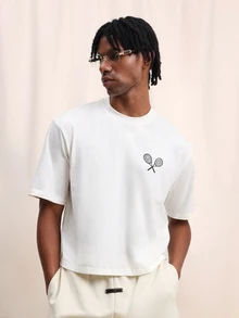 PLAYBOY X SUMWON Men's Cropped Graphic T-Shirt With Tennis Racket Print And Palm Tree Design Short Sleeve Summer Tee - White - View 4