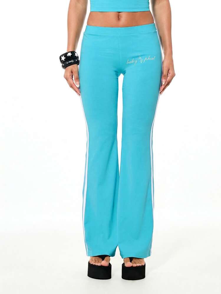 BABYPHAT Branded Flare Leggings With Script Logo Side Stripe Detail High Waisted Turquoise Wide Leg Pants