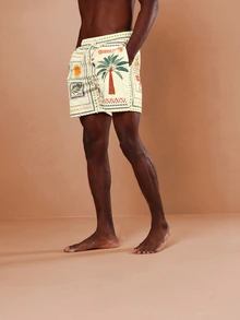 SUMWON Regular Men's Hawaiian Print Beach Swim Shorts With Palm Tree Tropical Design Summer Vacation Resort Swimwear Pull On Style - Yellow - View 4
