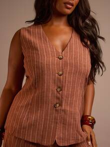 FASHION SZN Plus Size Linen Feel Waistcoat Button Front Smart Tailored Wear To Work Holiday Outfit Plus Size Vacation Outfit Everyday Striped - Brown - View 3