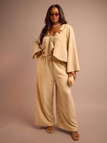 FASHION SZN Plus Size Womens Linen Look Wide Leg Trousers Linen Feel Boho Festival Outfit Elasticated Waist Comfy Loose Fitting Casual Wear To Work Everyday Natural Look Pocket Trousers Beachwear Plus Size Holiday Outfit Vacation Outfit - Khaki - View 5