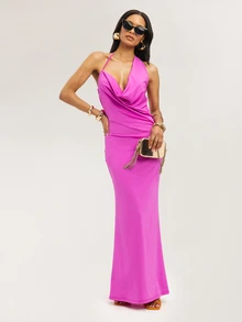 Dancing Leopard 莉西提亚粉色高领长款连衣裙，女士夏季穿搭，婚礼宾客礼服，假日礼服，度假礼服，花园派对礼服，约会礼服，晚礼服，场合礼服，波西米亚风连衣裙 - 紫色 - 查看 1