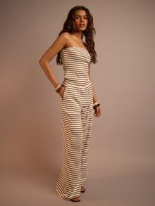 FASHION SZN Womens Striped Casual Ribbed Wide Leg Trousers Casual High Waist Stretch Airport Travel Holidays Beachwear Everyday Basics Stripe Comfy Comfort Holiday Outfit Vacation Trousers - Multicolor - View 6