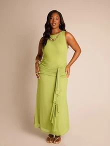 FASHION SZN Plus Size Womens Sleeveless Mesh Ruffle Midi Dress Sexy Elegant Plus Size Vacation Dress Summer Holiday Evening Dress Occasion Wedding Guest Dress Fitted Comfort Stretch Fabric Chic Green Dress Summer Dresses For Women Ibiza Travel Maxi Dress Long Dresses - Green - View 4