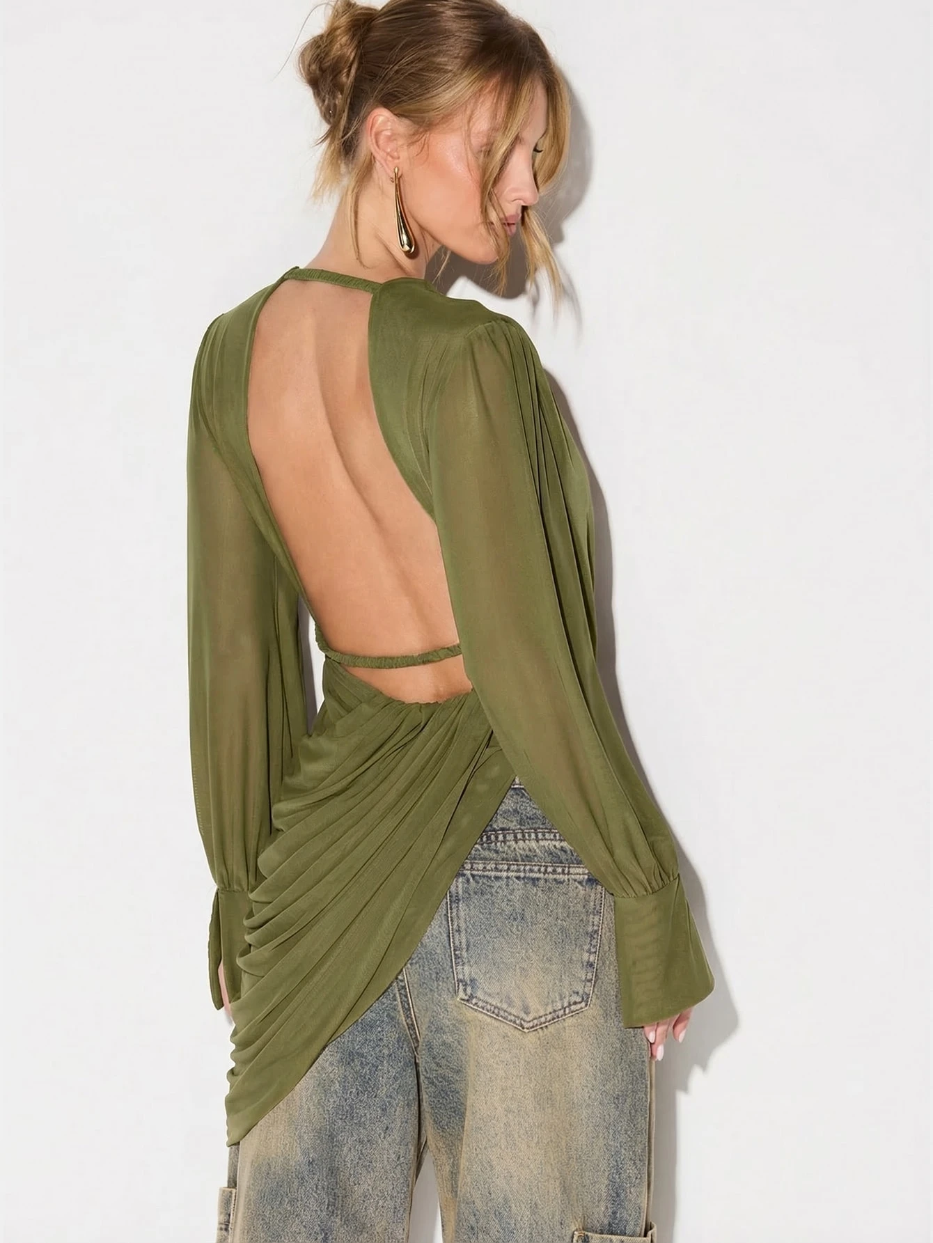 KIZN Mesh Cowl Drape Detail Blouse With Open Back