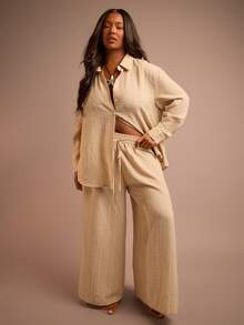 FASHION SZN Plus Size Casual Striped Wide Leg Pants Plus Size Womens Textured Wide Leg Trousers Tie Waist Elasticated Comfy Loose Fit Stripes Beach Summer Holiday Trousers Plus Size Vacation Outfit City Break Chic Airport Travel Ibiza Elegant Comfortable Pockets Drawstring Waist Elegant Cute Sexy Trousers For Vacation Beachwear Everyday Cover Up - Light Yellow - View 5
