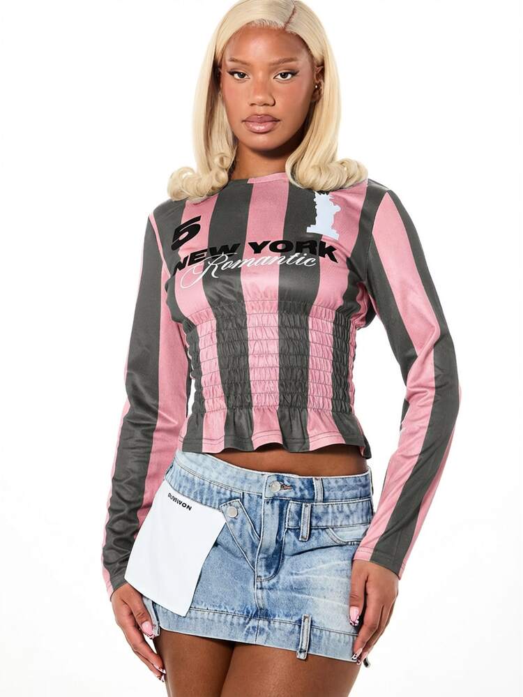 SUMWON WOMEN Langarm gestreiftes Oberteil mit geraffter Taille und Textdruck für Damen Herbst Winter Lässig Wear