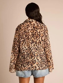 FASHION SZN Oversized Leoparden-Muster Weite Ärmel Chiffon Transparentes Oversized Hemd, Tier Muster Intelligenter Knopfverschluss Lässige Bluse - Verschiedenfarbig - Übersicht 2