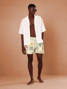 SUMWON Regular Men's Hawaiian Print Beach Swim Shorts With Palm Tree Tropical Design Summer Vacation Resort Swimwear Pull On Style - Yellow - View 3