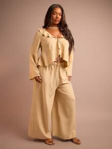 FASHION SZN Plus Size Womens Linen Look Wide Leg Trousers Linen Feel Boho Festival Outfit Elasticated Waist Comfy Loose Fitting Casual Wear To Work Everyday Natural Look Pocket Trousers Beachwear Plus Size Holiday Outfit Vacation Outfit - Khaki - View 6