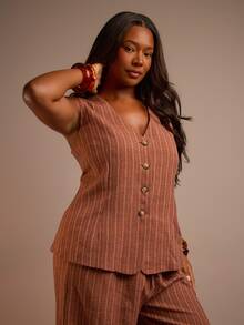 FASHION SZN Plus Size Linen Feel Waistcoat Button Front Smart Tailored Wear To Work Holiday Outfit Plus Size Vacation Outfit Everyday Striped - Brown - View 4