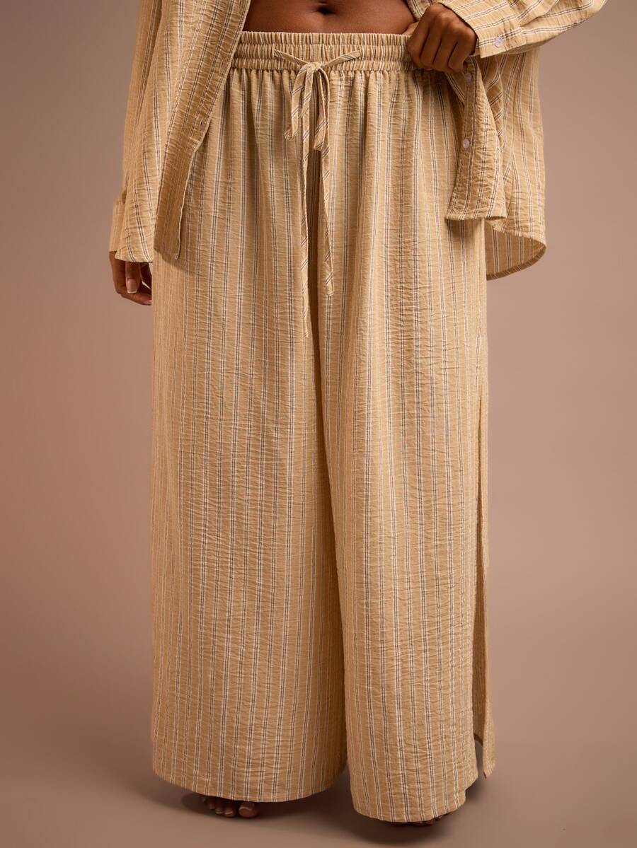 FASHION SZN Plus Size Casual Striped Wide Leg Pants Plus Size Womens Textured Wide Leg Trousers Tie Waist Elasticated Comfy Loose Fit Stripes Beach Summer Holiday Trousers Plus Size Vacation Outfit City Break Chic Airport Travel Ibiza Elegant Comfortable Pockets Drawstring Waist Elegant Cute Sexy Trousers For Vacation Beachwear Everyday Cover Up - Light Yellow - View 1
