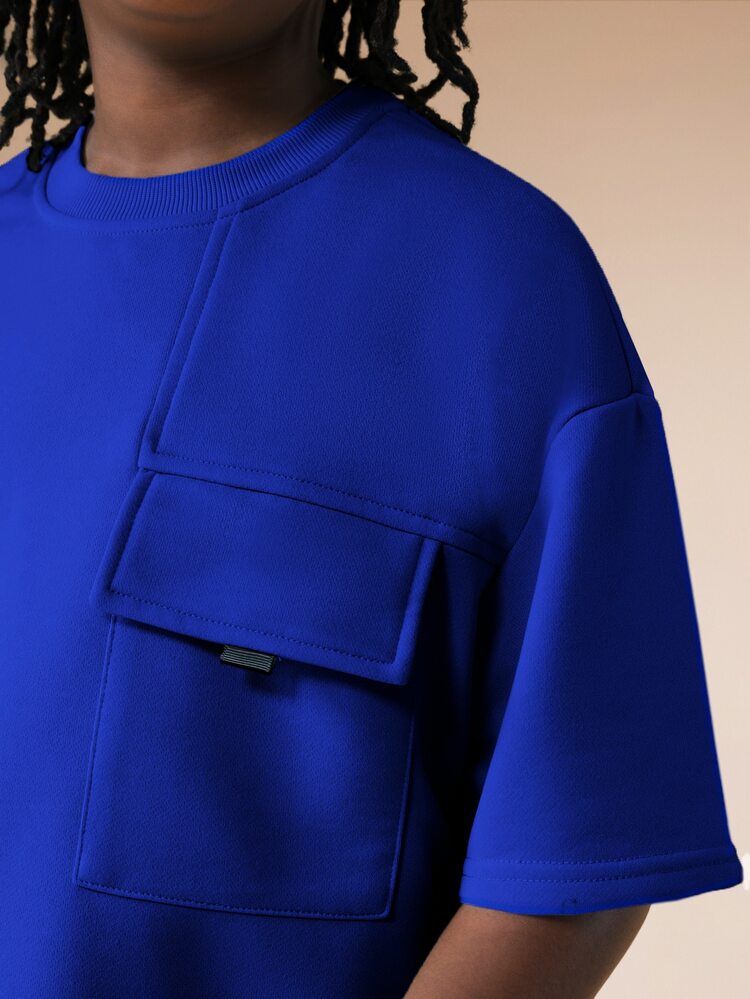 T-shirt bleu royal oversize pour garçons avec poche avant sur la poitrine, Top à manches courtes décontracté pour tous les jours pour préadolescents