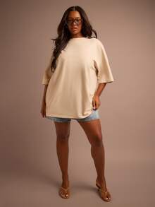 FASHION SZN Plus Size 100% Cotton Oversized Crew Neck T Shirt Fall Autumn Winter New Season Trending Everyday Basics Loose Fit Cool Comfy Summer Outfit Vacation Basics - Khaki - View 5