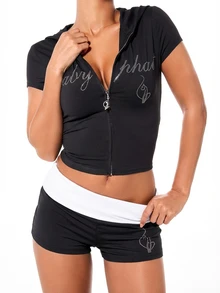 BABYPHAT Rhinestone Embellished Black Hot Shorts With Contrast White Waistband And Sparkle Volleyball Text Design For Women Summer Festival Wear - Black - View 6