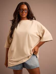 FASHION SZN Plus Size 100% Cotton Oversized Crew Neck T Shirt Fall Autumn Winter New Season Trending Everyday Basics Loose Fit Cool Comfy Summer Outfit Vacation Basics - Khaki - View 1