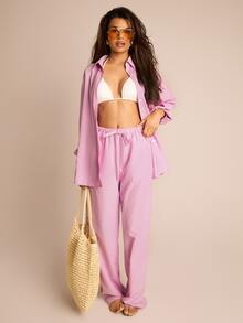 FASHION SZN 女士条纹阔腿裤，系带松紧腰，休闲日常穿着，适合工作、夏季度假、海滩等各种场合。 - 粉色 - 查看 5