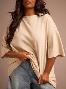 FASHION SZN Plus Size 100% Cotton Oversized Crew Neck T Shirt Fall Autumn Winter New Season Trending Everyday Basics Loose Fit Cool Comfy Summer Outfit Vacation Basics - Khaki - View 3