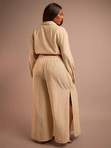 FASHION SZN Plus Size Casual Striped Wide Leg Pants Plus Size Womens Textured Wide Leg Trousers Tie Waist Elasticated Comfy Loose Fit Stripes Beach Summer Holiday Trousers Plus Size Vacation Outfit City Break Chic Airport Travel Ibiza Elegant Comfortable Pockets Drawstring Waist Elegant Cute Sexy Trousers For Vacation Beachwear Everyday Cover Up - Light Yellow - View 2