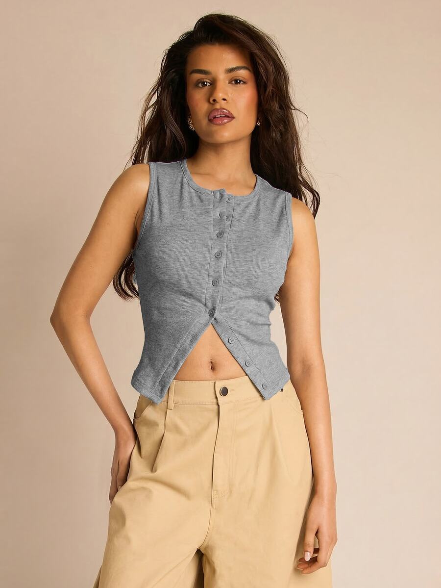 FASHION SZN 女士罗纹纽扣背心 女士基础款马甲 休闲机场白色马甲 运动无袖上衣 日常 - 灰色 - 查看 1