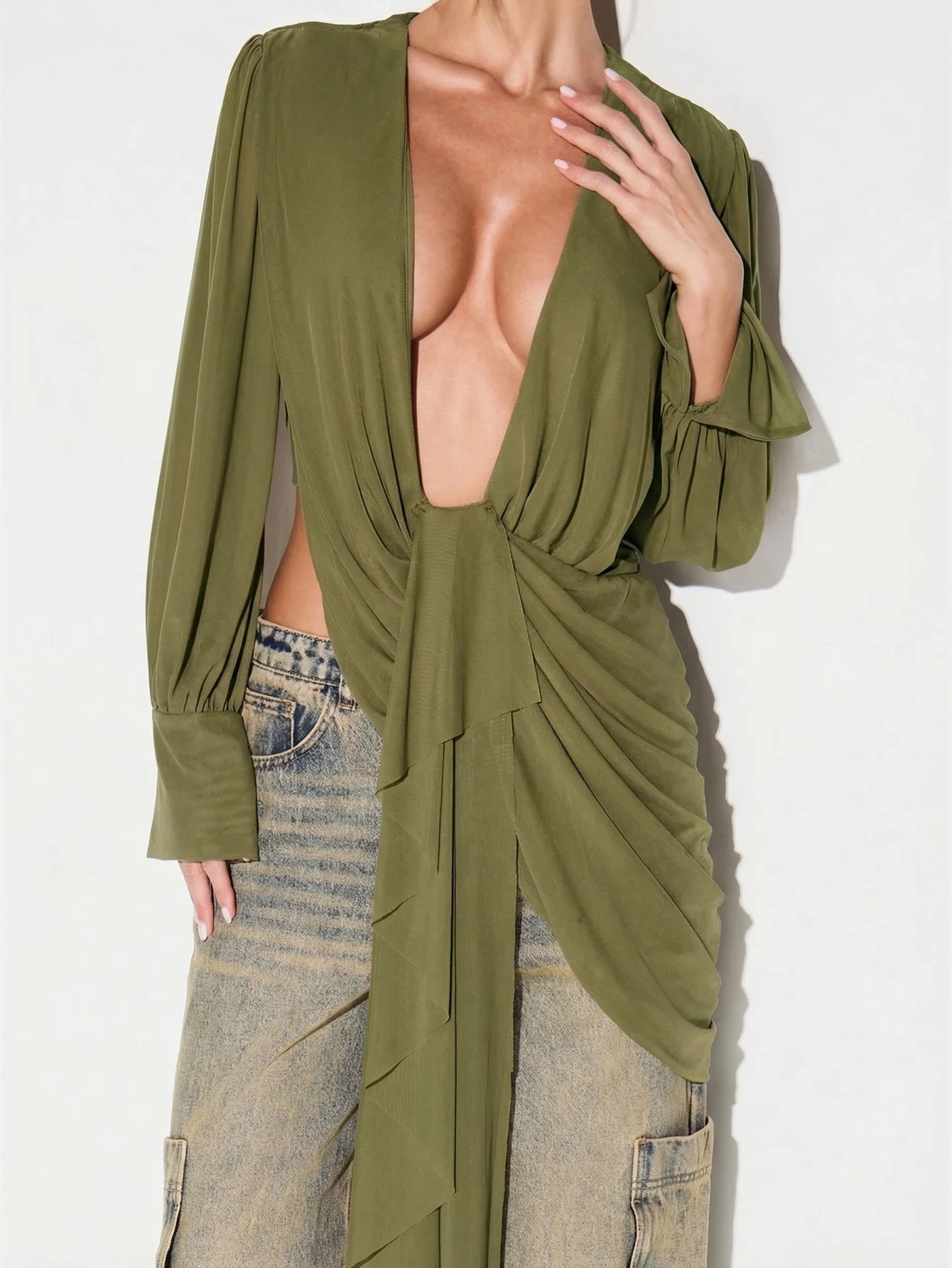 KIZN Mesh Cowl Drape Detail Blouse With Open Back